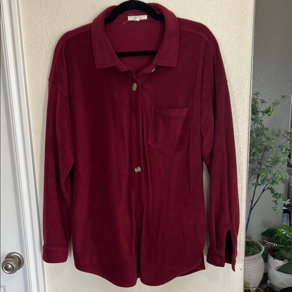 Women's Burgundy Button-Front Fleece Shirt Jacket